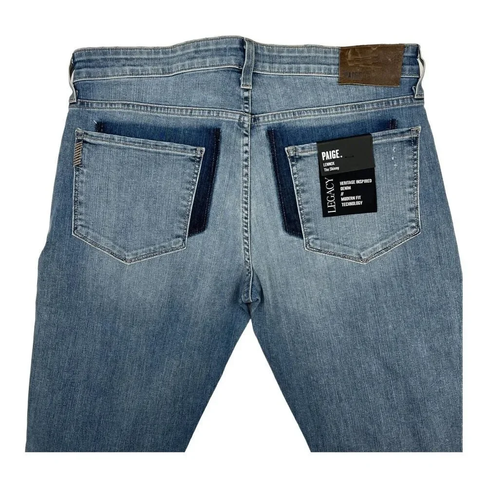 Paige Lennox Men Lyle Dest Denim Blue Slim Skinny Stretch Ripped Jeans US 33